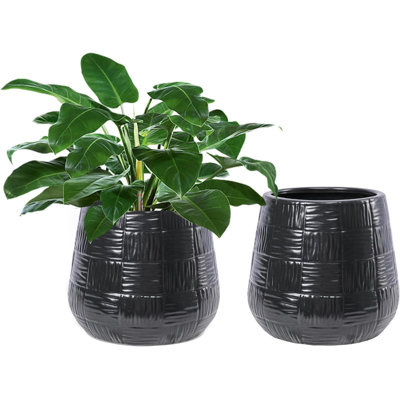 Set Of 2 Black Ceramic Flower Pots (4.7") With Drainage