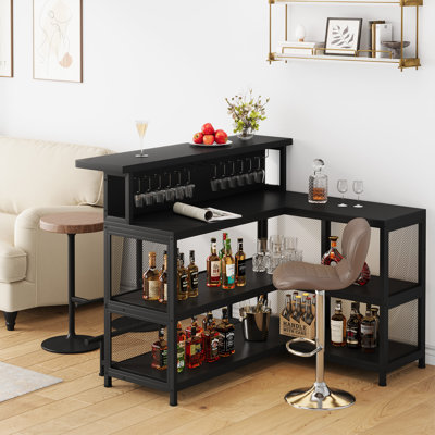 L-Shaped Home Bar Unit With Stemware Racks And LED Light, Bar Table With Storage by Wrought Studio