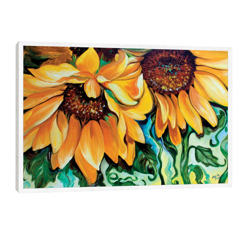 Sunflower Dance 1 Piece Floater Frame Painting on Canvas, White Framed