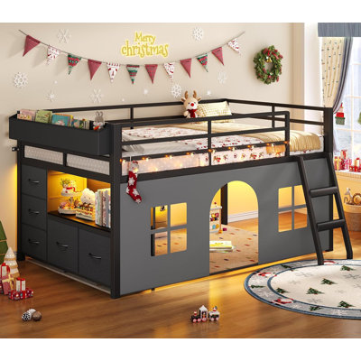 Low Loft Bed Twin Size With Tent, 5 Storage Drawers, Led Lights, Metal Kids Loft Bed With Bookcase & Under-Bed Play Space,Twin Loft Beds With 13.8''H Safety Guardrail,Inclined Ladder