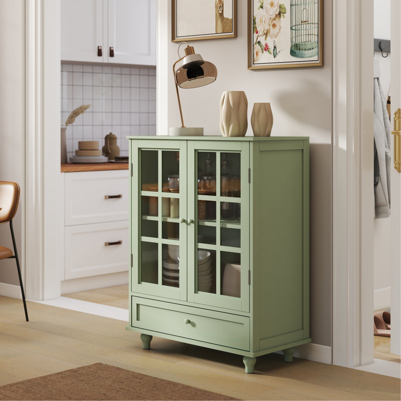 Minimalism Buffet Cabinet With Double Glass Doors And Drawer, Modern Wooden Storage Sideboard Cupboard For Living Room, Dining Room Hallway Entryway