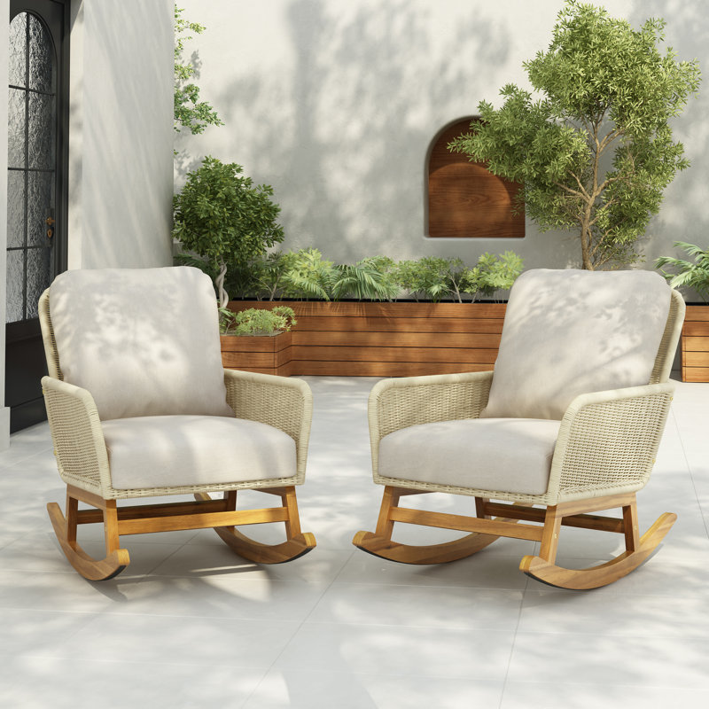 Chaise berçante moderne en osier avec coussins Modern PE (ensemble de 2), Beige, Bois naturel