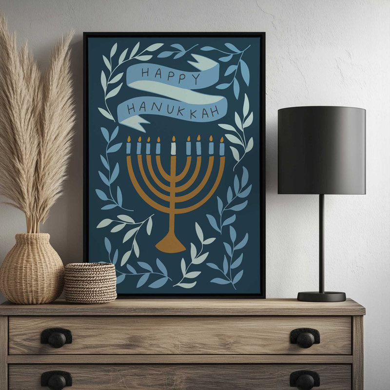 «Happy Hanukkah Menorah» par Garima Dhawan, Noir, Cadre flottant, H 16 po x l 12 po
