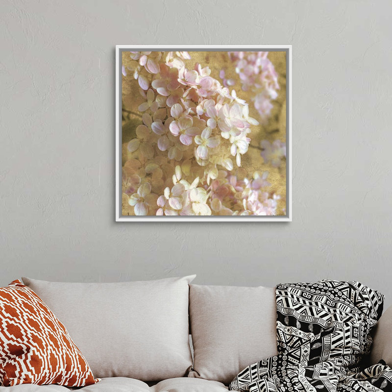 Art mural doré sur toile «Hortensia I», Toile avec cadre blanc, H 30 po x l 30 po x P 1,75 po