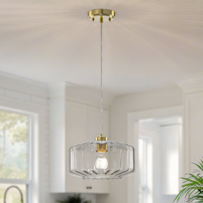 Luminaire suspendu moderne en verre rayé vert et transparent à 1 lumière Modern