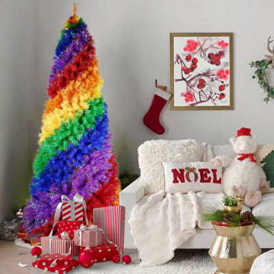 Sapin de Noël artificiel en spirale arc-en-ciel de 1,5 m, 942 branches, en PVC coloré, avec un design en spirale unique, une forme dense et luxuriante, et un support en métal robuste pour la décoration intérieure de Noël.