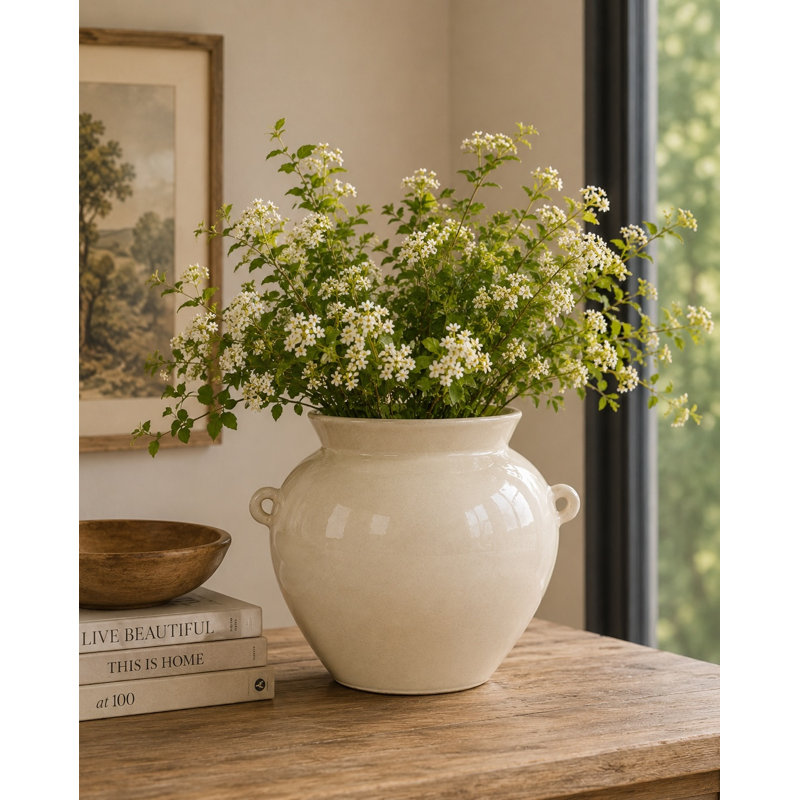 Approx. 8" High Off Whtie Ceramic Vase with Two Decorative Hooks