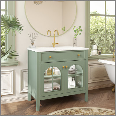 35.6-Inch Mid-Century Bathroom Vanity with Patterned Glass and Motion-Sensor Light, Freestanding with Storage, High-End Farmhouse Design, Green