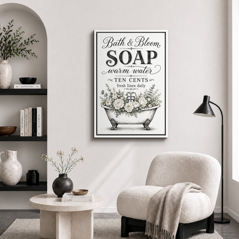 «Vintage Bath and Bloom Soap», impression sur toile, impression sur toile encadrée, H 24 po x l 16 po x P 1,5 po, Cadre blanc