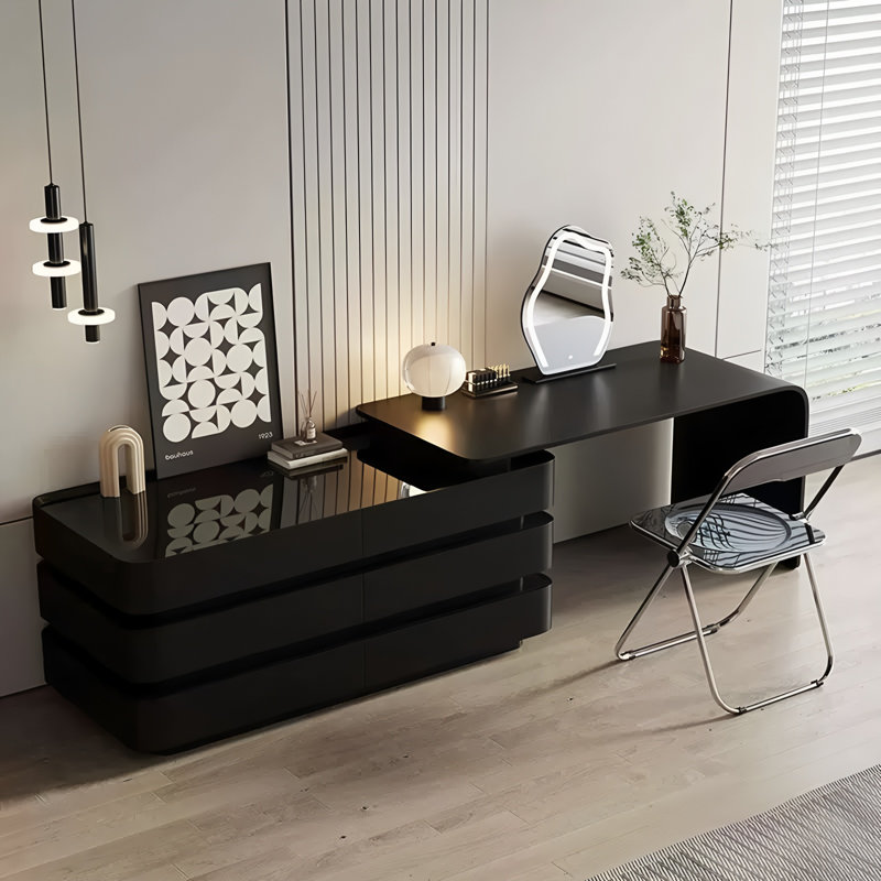 Bureau de coiffeuse moderne rétractable avec éclairage à DEL, grande coiffeuse à 6 tiroirs avec rangement, Noir
