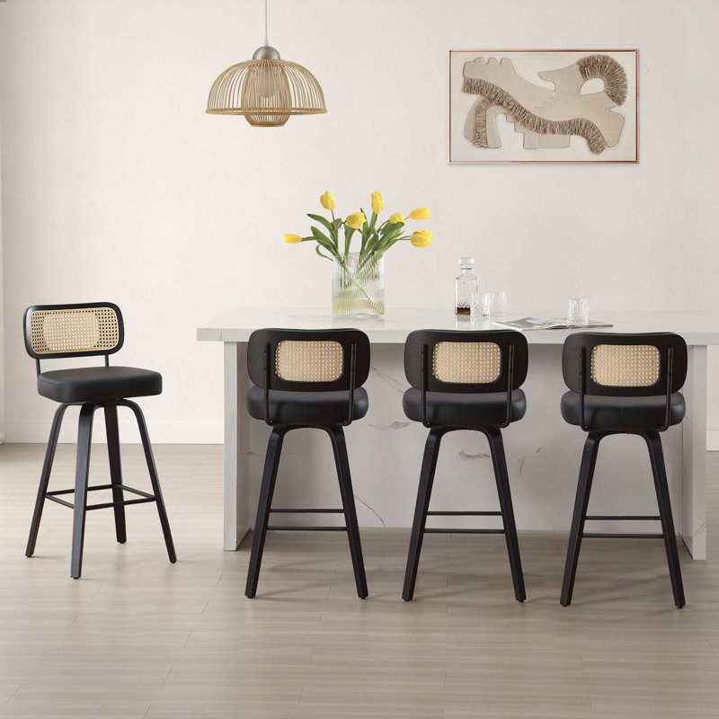 Black Swivel Counter Stool with Rattan Back and Leather Seat
