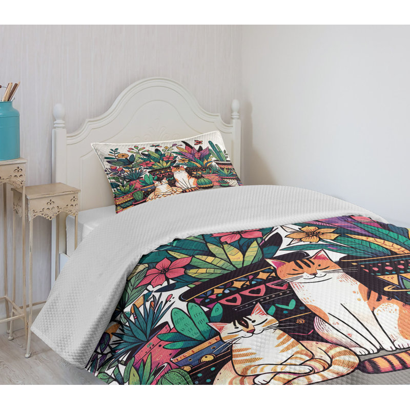 Gray Twin Quilted Bedspread Set with Cat Design