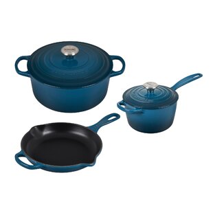 Le Creuset Round Marseille Blue Enameled Cast Iron Signature Skillet - 16  9/10L x 11 3/5W x 1 4/5H