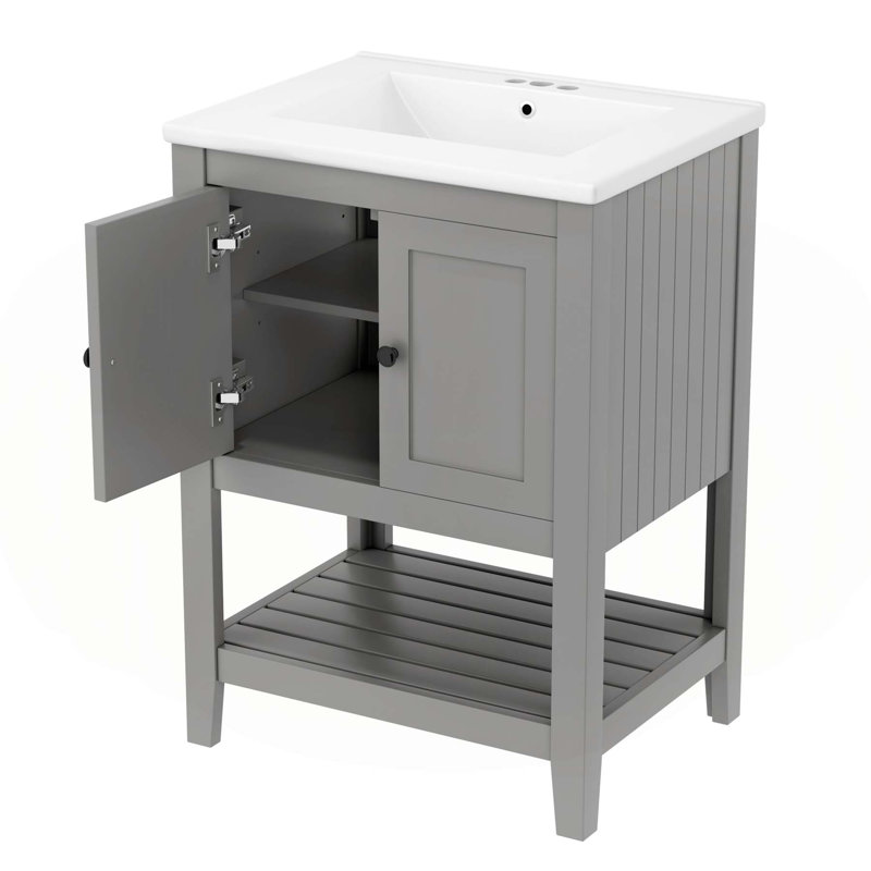Meuble-lavabo moderne avec lavabo en céramique élégant et rangement spacieux, Gris