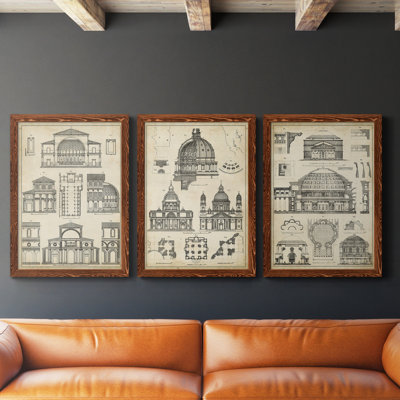 «Vintage Architects Plan I», ensemble de 3 impressions sur toile encadrées