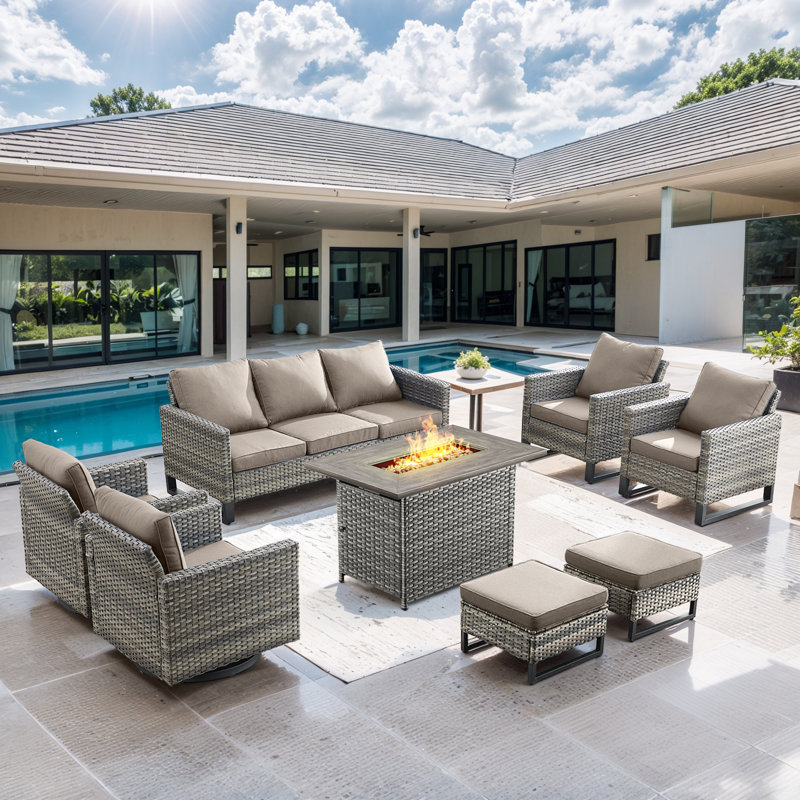 Ingvald 9- Pieces Outdoor Wicker Patio Sofa Seating Group with Fire Pit, Ottomans and Cushions, Gray, Gray