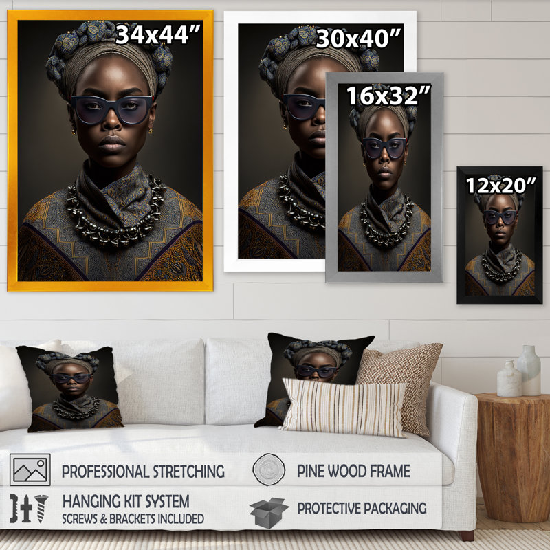 Impression sur toile, lunettes de créateurs afro-américaines Traditiona, Cadre photo noir, H 20 po x l 12 po x P 1 po
