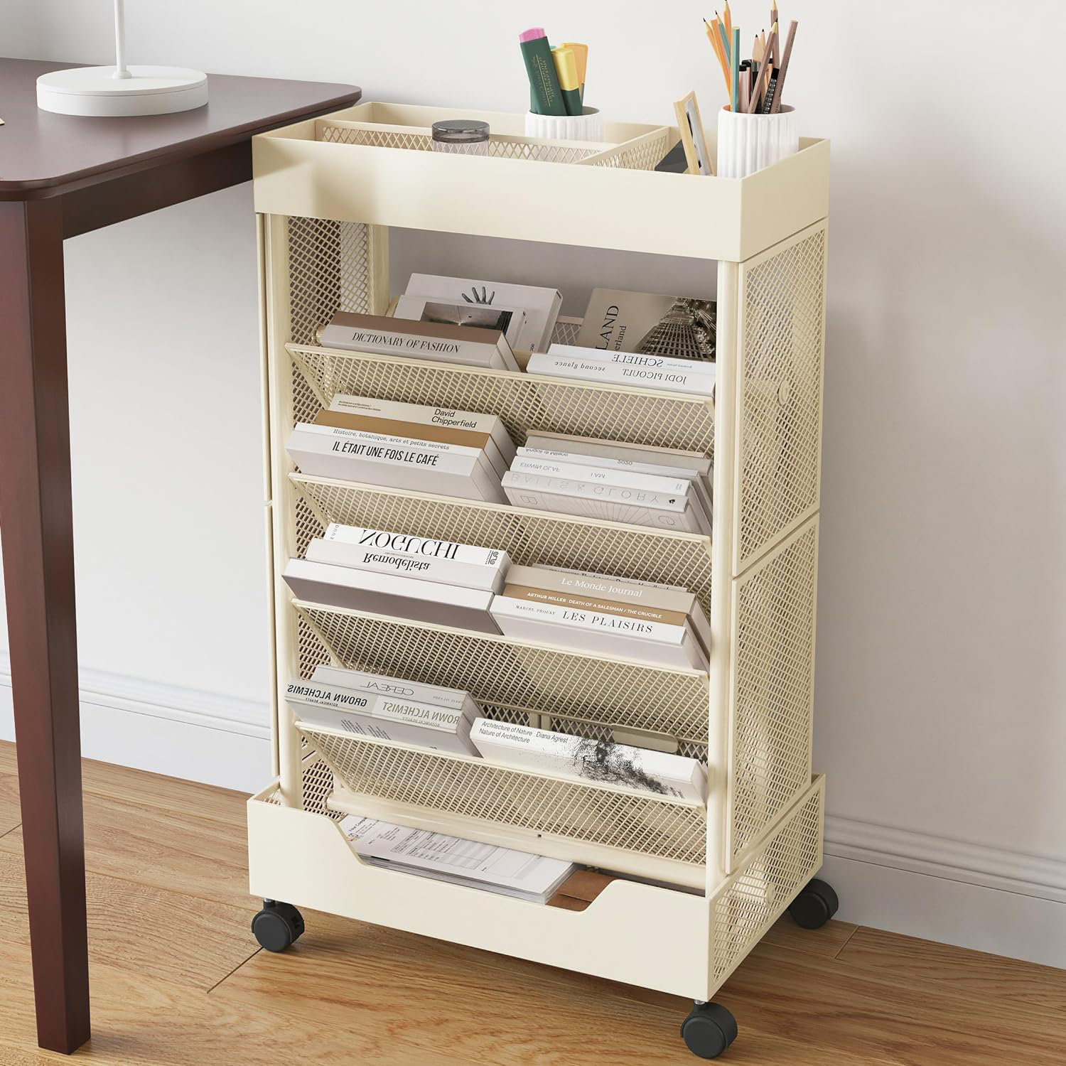 thumbnail image 2 of 352LBS Rolling Book Cart With Wheels - V-Shaped Shelves Library Cart With Hooks & Book Stands 2 of 12