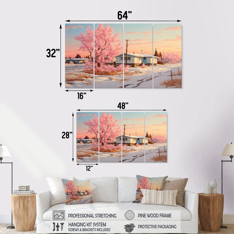 «Dreamy Winter On Trailer Park - Winter Landscape», art mural sur toile 4 pièces, H 32 po x l 64 po