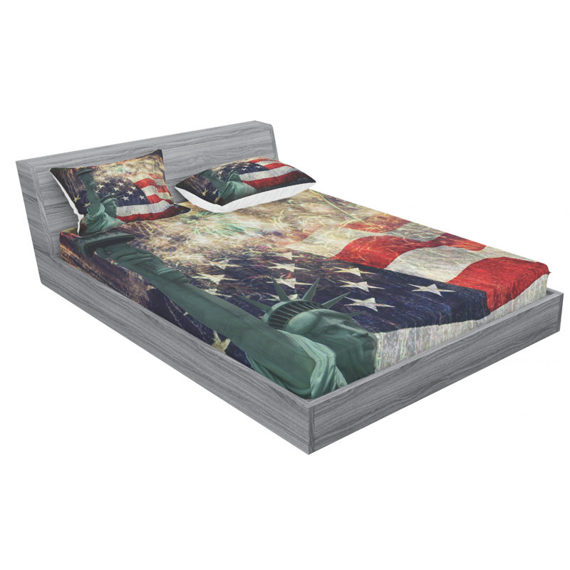 Queen Size American Flag Microfiber Bedding Set with Fireworks Print