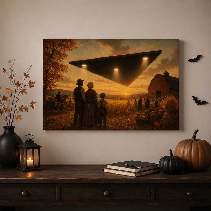 Les agriculteurs observent un OVNI triangulaire au-dessus d'une grange à l'occasion de l'Halloween (tableau sur toile)