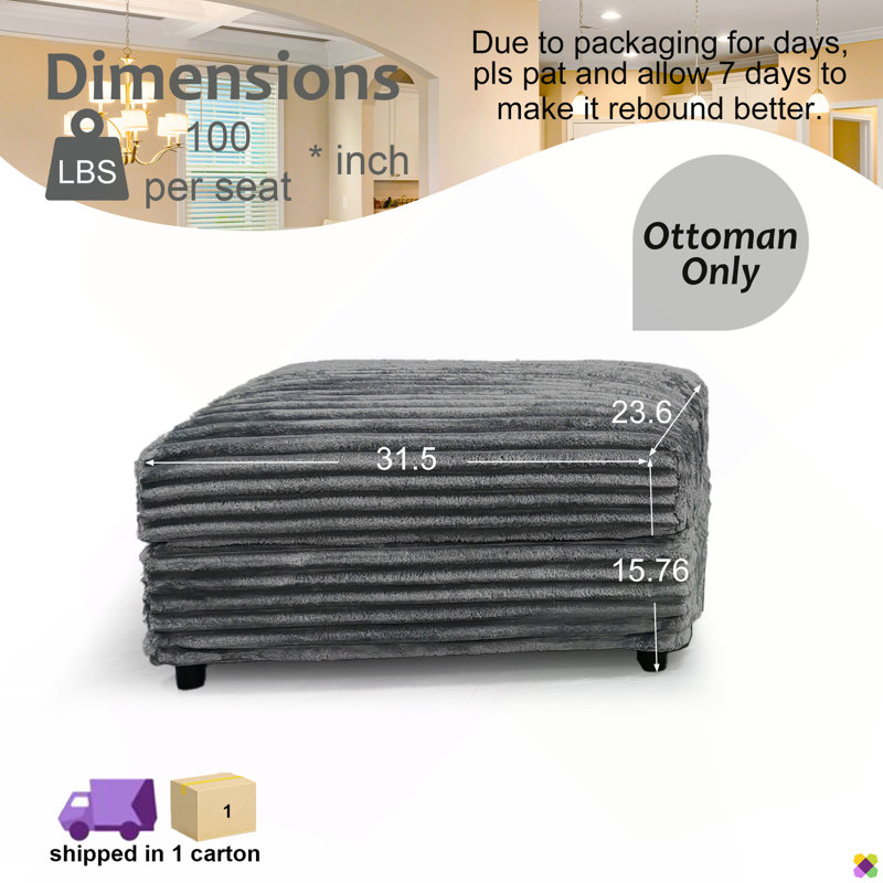 Gus 31.5"W Corduroy Ottoman, Gray