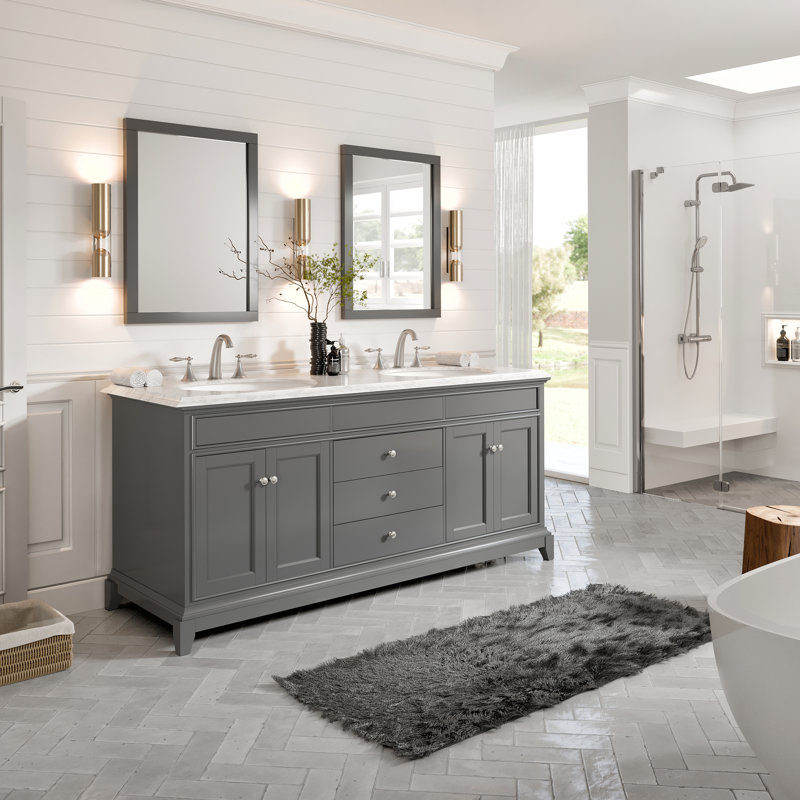 Gray Marble Double Sink Freestanding Bathroom Vanity