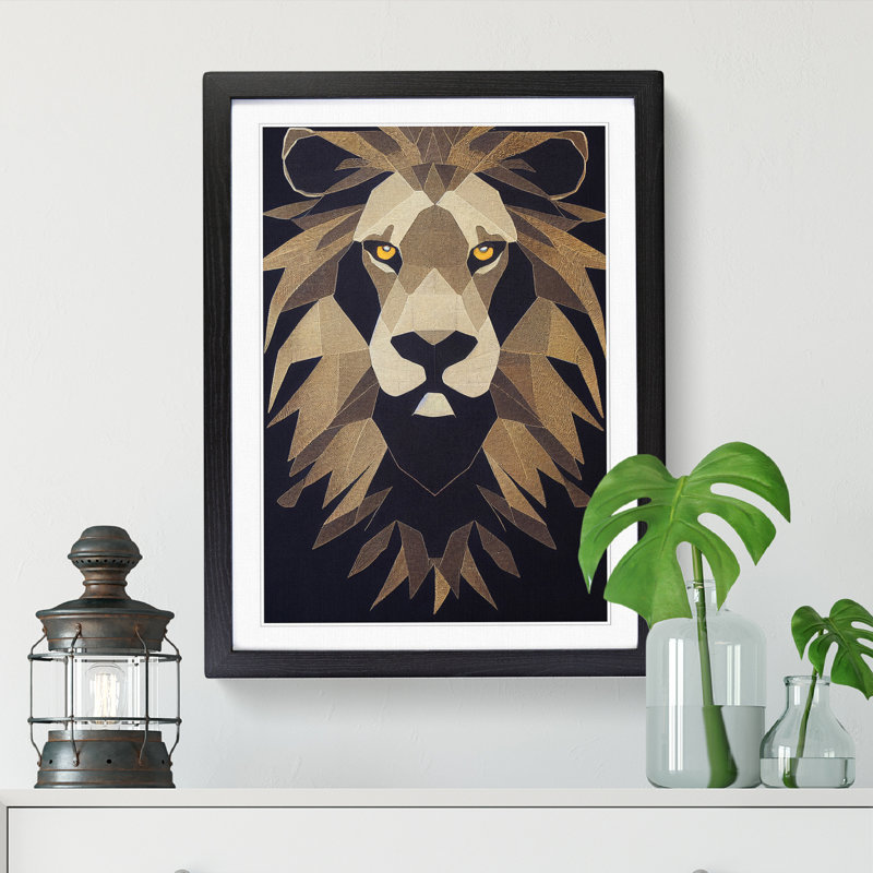 Lion Embroidery - Picture Frame Print, Black, 64cm H x 46cm W x 2cm D
