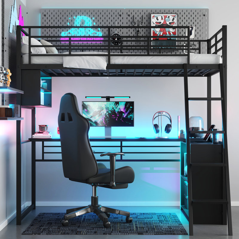Lit mezzanine simple noir avec DEL, bureau - bureau spacieux en métal et économiseur de rangement, Lit simple