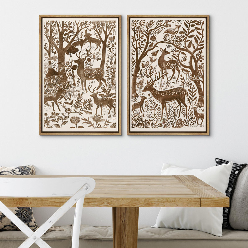 Aquarelle, cerf brun dans la forêt, art mural botanique rustique, impression sur toile encadrée 2 pièces, Encadré naturel