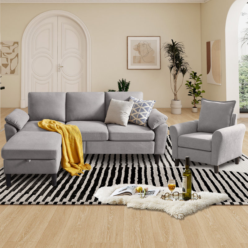 3 Piece Sectional Living Room Set, Light Gray Polyester Blend