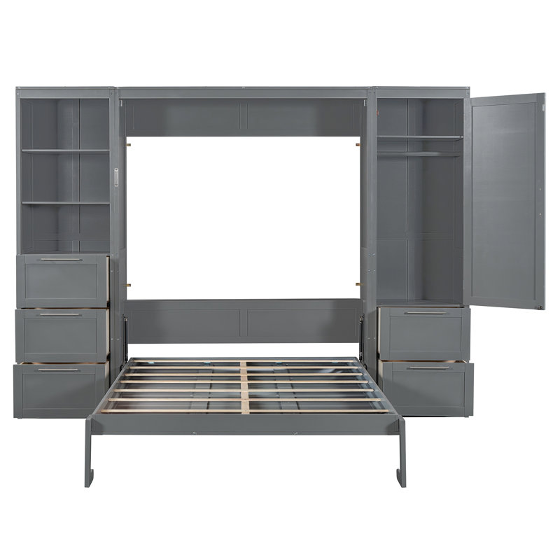 Grand lit escamotable mural avec placard, tiroirs et tablettes, gris, Gris