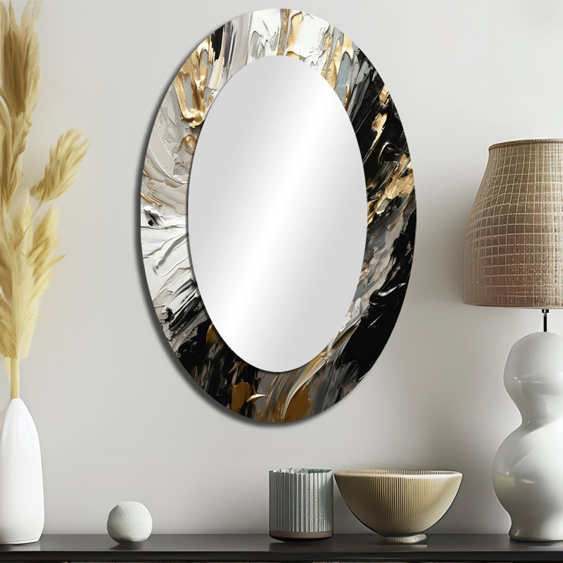 Exquisite Darling Gold Abstract Wave On Black III - Large Oval Wall Mirror On Metal, 36" x 24"