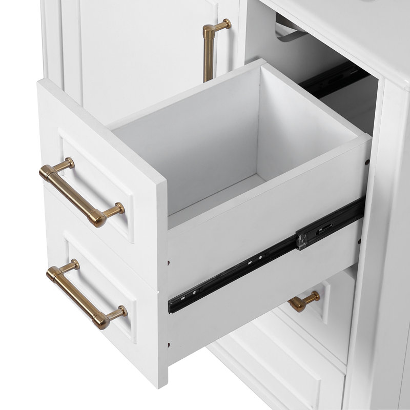Meuble-lavabo de 30 po avec lavabo en céramique, porte à fermeture en douceur avec tablette intégrée, tiroir profond, tiroir standard, grand tiroir diviseur, grande armoire de rangement pour la salle de bain, design moderne et fonctionnel