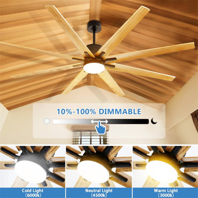 Ventilateur de plafond intérieur de 76 pouces avec 3 lumières à DEL à intensité variable et 8 pales en bois massif à télécommande pour moteur à courant continu noir