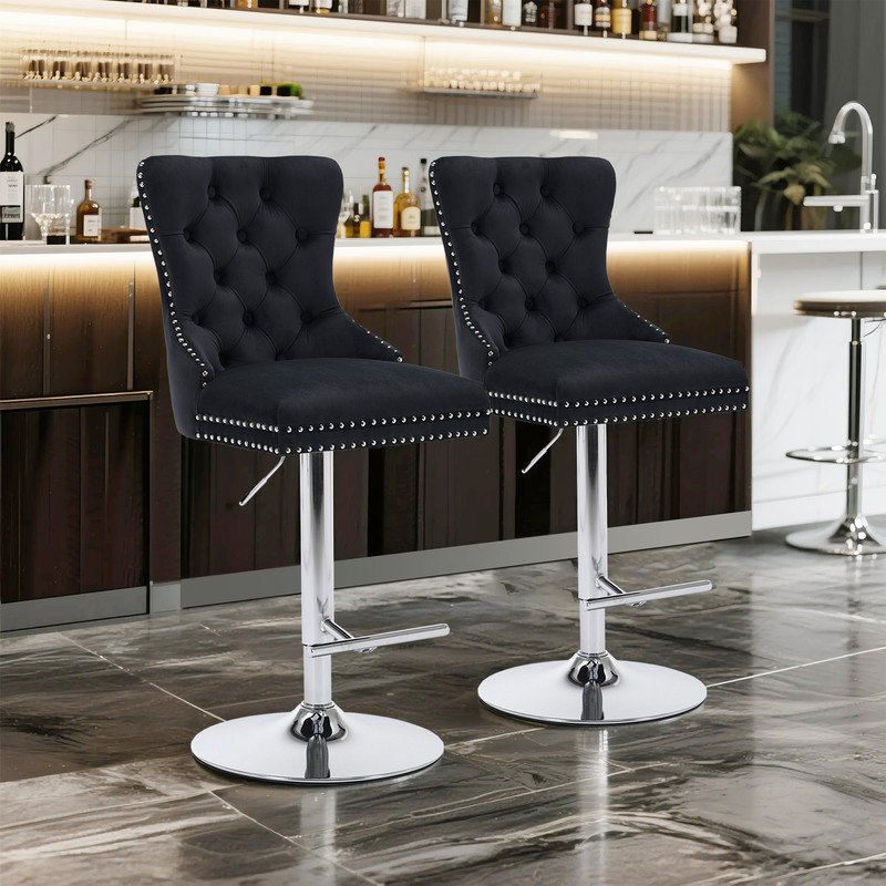 Luxury Swivel Velvet Bar Stools with Adjustable Height (set of 2), Black