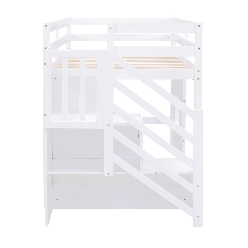 Hanzelin Twin Size Loft Bed with Storage Staircase and Window, White
