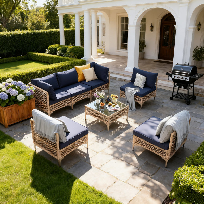 7 Piece Rattan Sectional Seating Group With Cushions, Navy