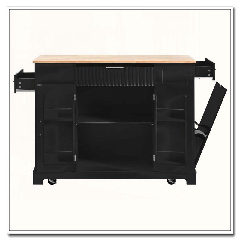 48.5" Fluted Kitchen Island with Tilt-Out Trash Can, Black