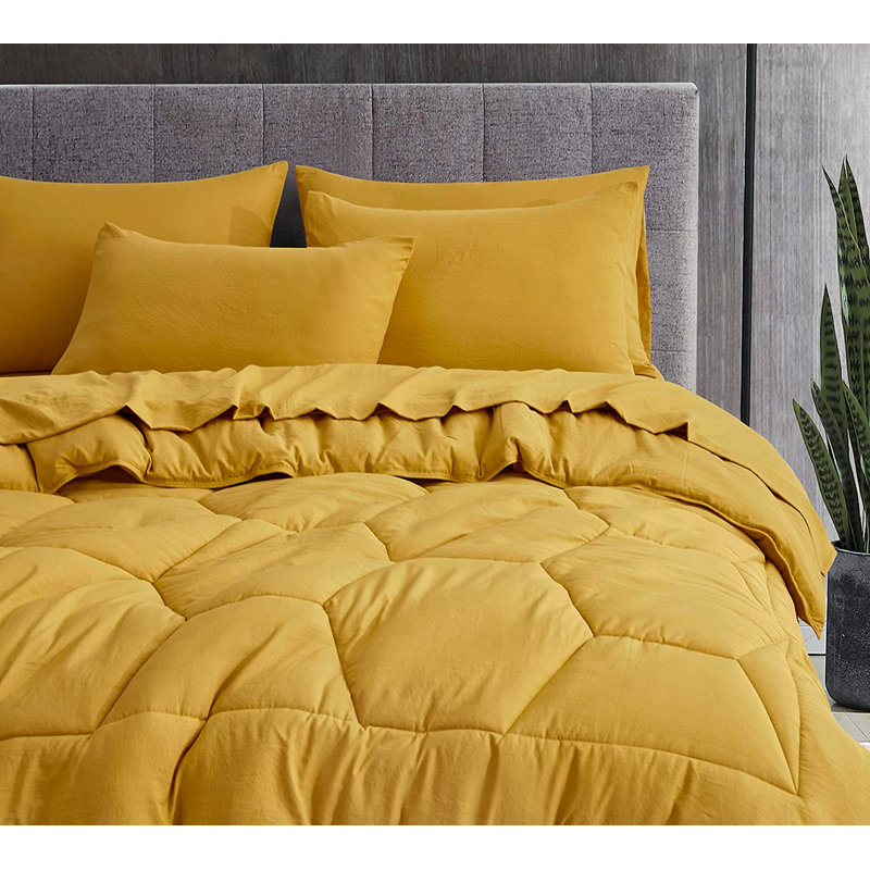 Washed Microfiber 7-Pieces Honeycomb Comforter Set with Sheets, King Comforter + 6 Additional Pieces, Mustard Yellow