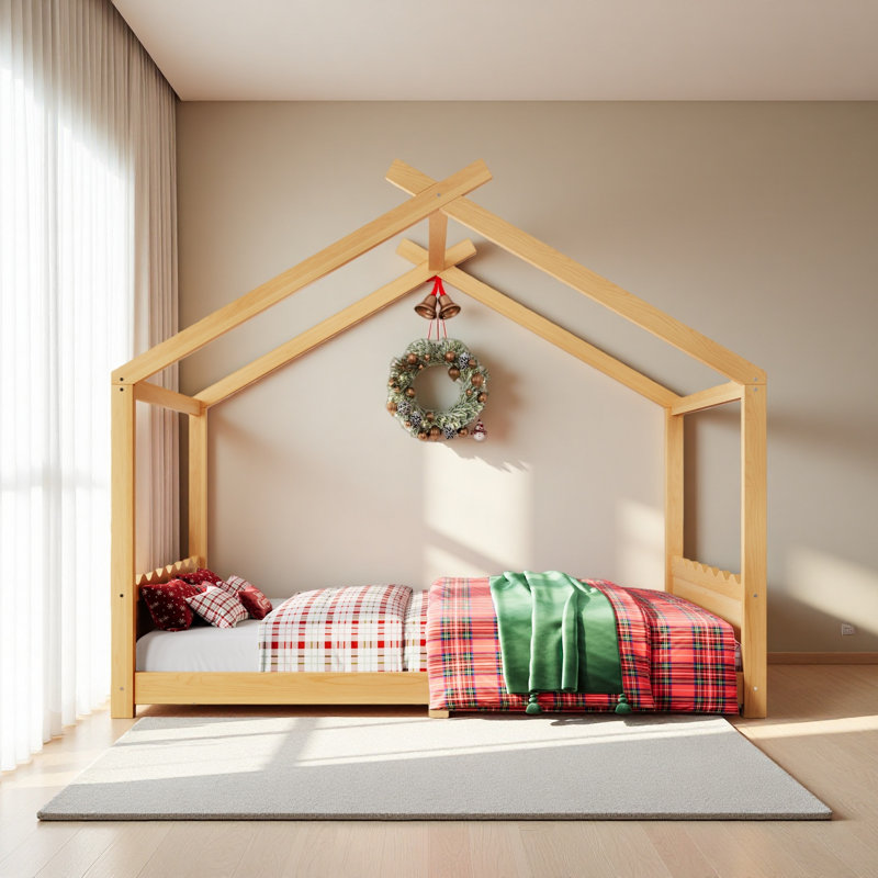 Lit de maison avec lattes de soutien, cadre de lit de maison en bois massif pour enfants, pas de sommier tapissier et structure d'ouverture
