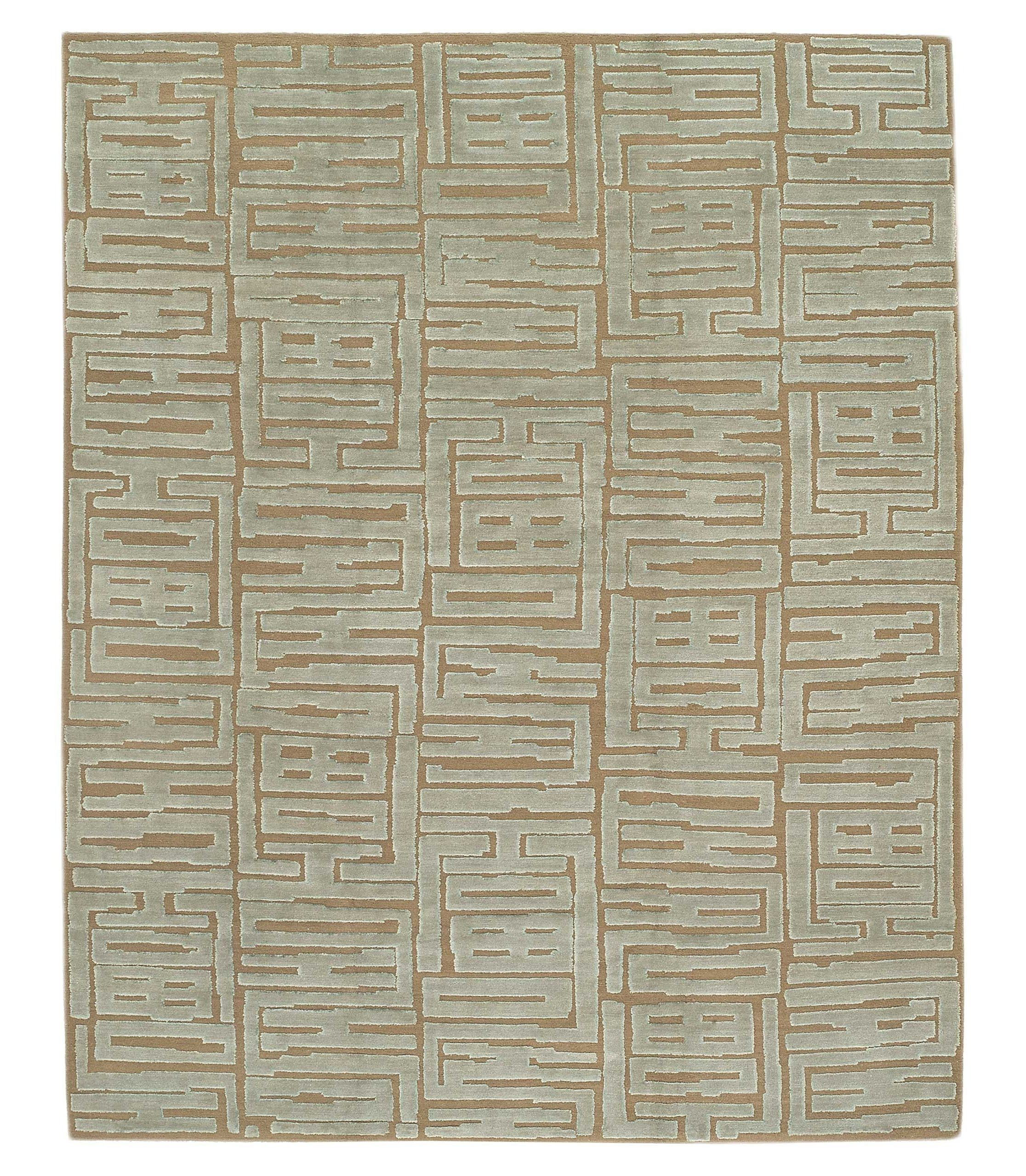 Tufenkian Tiki Geometric Hand-Knotted Wool/Silk Blue/Brown Area Rug ...