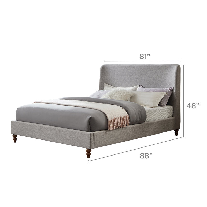 Lit plateforme tapissier moderne avec tête de lit à oreilles, structure de lit en tissu de lin, aucun sommier requis, gris, très grand