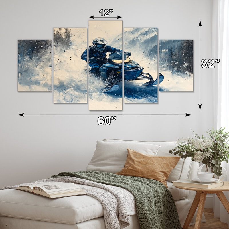 Motoneige bleue enneigée avec motif d'art en toile blanche