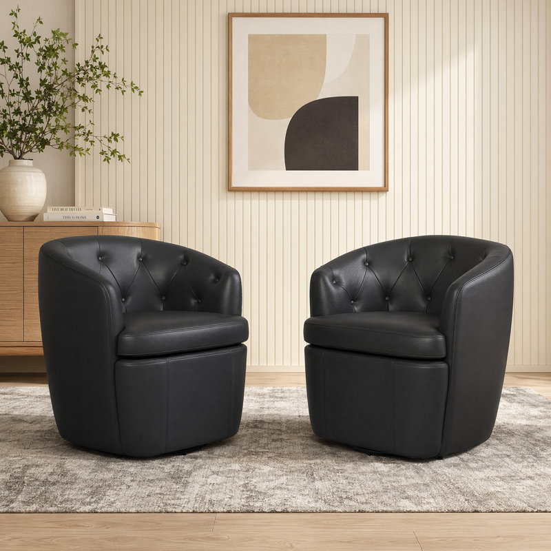 Classic Tuffted Upholstered Swivel Barrel Chair with Unique Recessed Arms, White