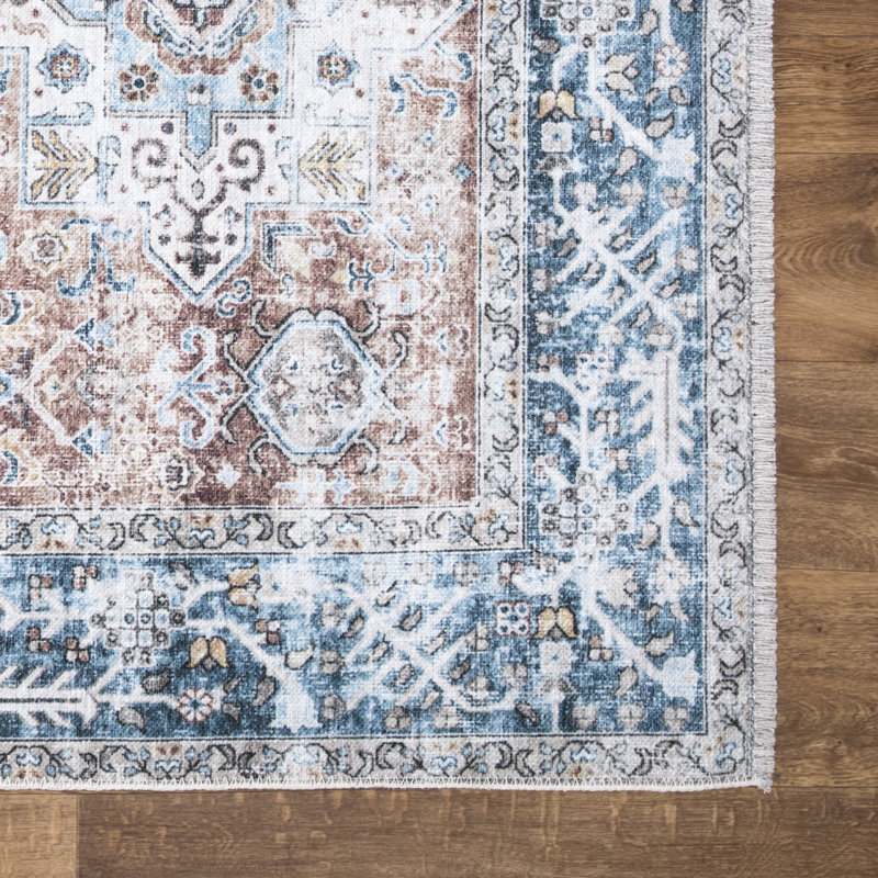 Tapis lavable antidérapant traditionnel bleu / corail pour vestibule, couloir, salle de bain et cuisine