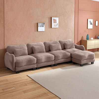 Oversize Chenille L-Shaped 4-Seater Modular Sofa with Movable Ottoman and Four Exquisite Lumbar Pillows for Living Room