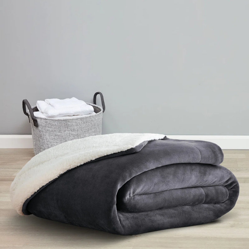 Reversible Soft Sherpa Fleece Fur Thick Dual Sided Blanket Throw, Grey, 200cm x 240cm