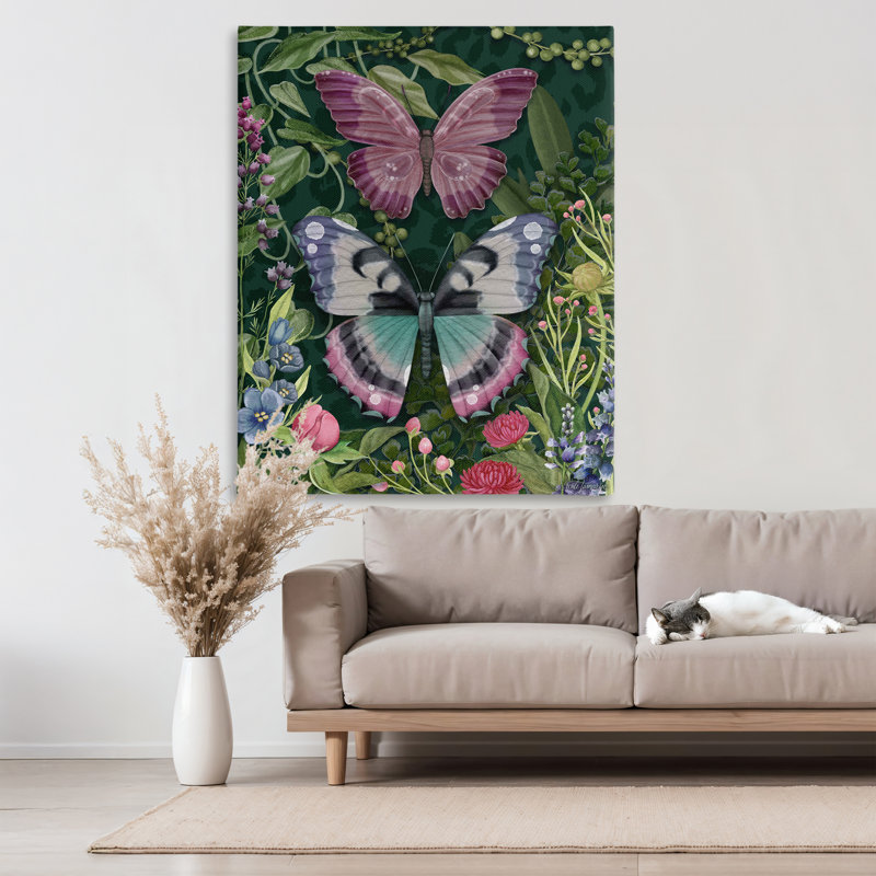 Fleurs et papillons sauvages sur toile, design par Nicole Tamarin, H 48 po x l 36 po