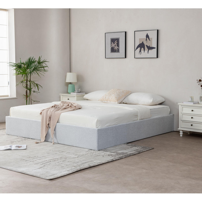 Braud Upholstered Hydraulic Lift Up Storage Bed Without Headboard, Off White, King